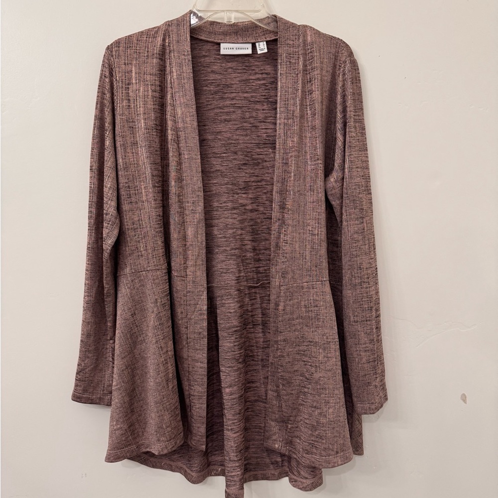 Susan Graver Foil Printed Open Front Cardigan Pink Shimmer Size Medium